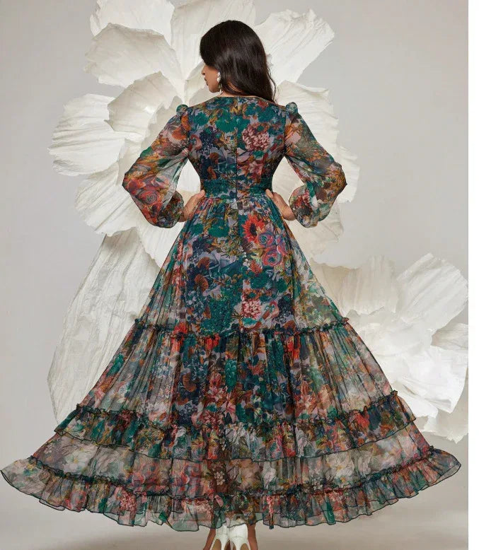 Women Floral Print Long Dress V-Neck Ruffle Tiered Maxi Dress