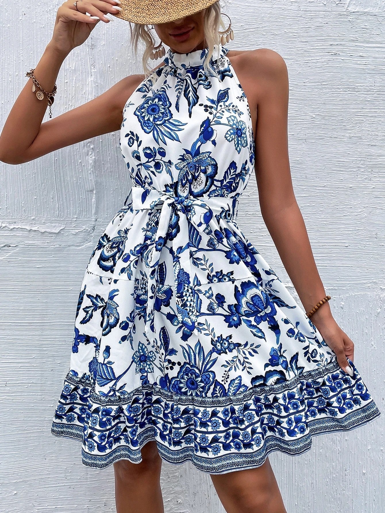 Botanical Floral Print Ruffle Halter Neck Tie Waist Border Hem Mini Dress