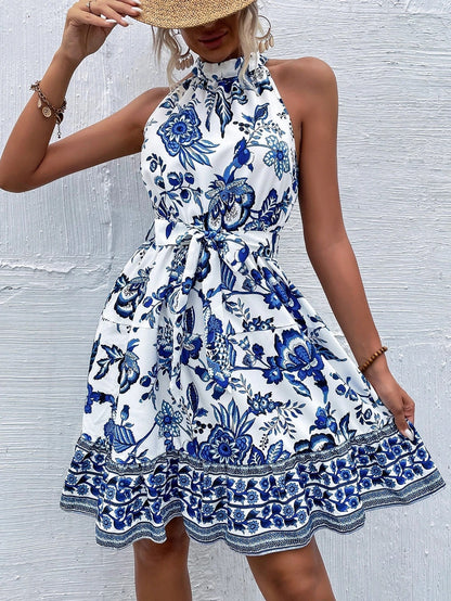 Botanical Floral Print Ruffle Halter Neck Tie Waist Border Hem Mini Dress