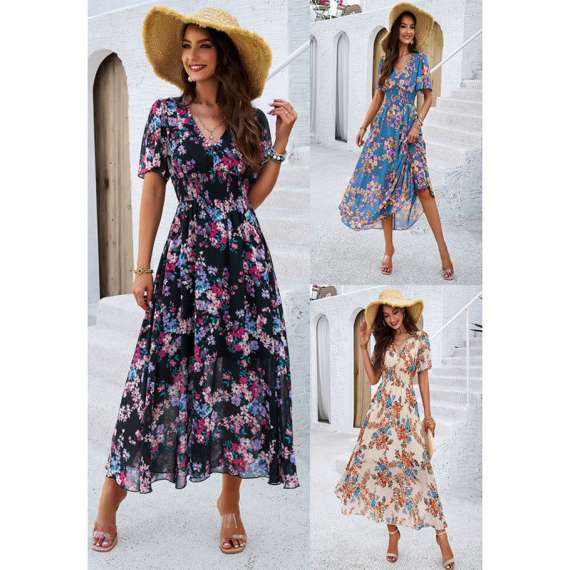 Floral Print V-Neck Smocked Waist Flutter Sleeve Maxi Dress