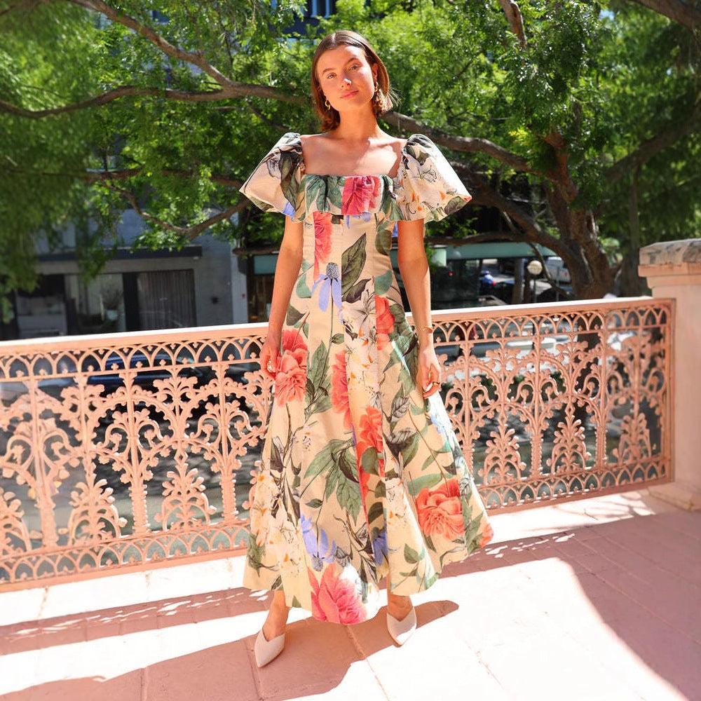 Off Shoulder Ruffle Neck Puff Sleeve Oversized Floral Print Maxi Dress