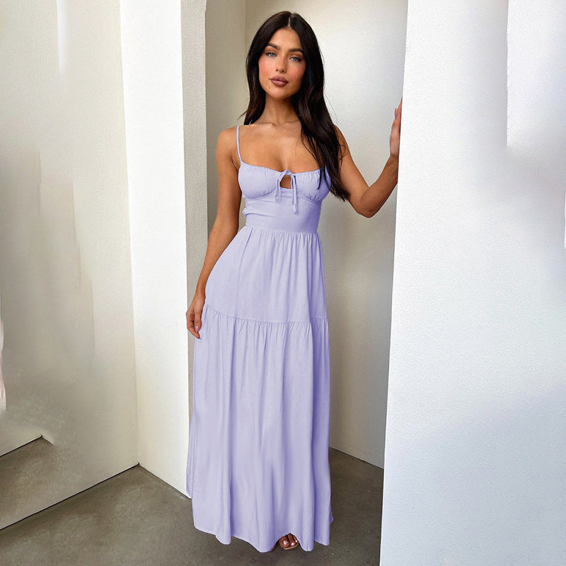 Spaghetti Strap Tie-Front Ruched Bust Tiered Column Maxi Dress