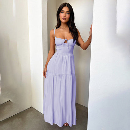 Spaghetti Strap Tie-Front Ruched Bust Tiered Column Maxi Dress