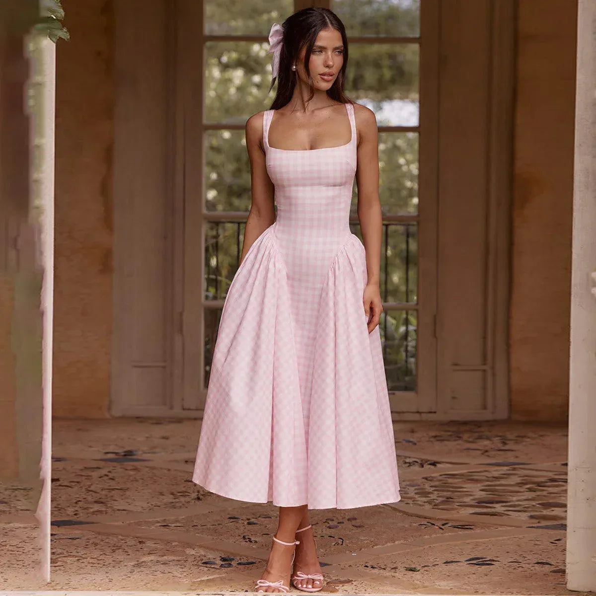 Gingham French Style Plaid Midi Princess Dress