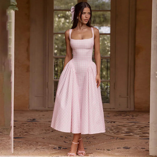 Gingham French Style Plaid Midi Princess Dress