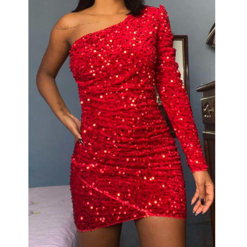 One Shoulder Sequ Dress High End Evening Dress Tight Hip Dress
