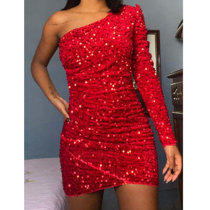 One Shoulder Sequ Dress High End Evening Dress Tight Hip Dress