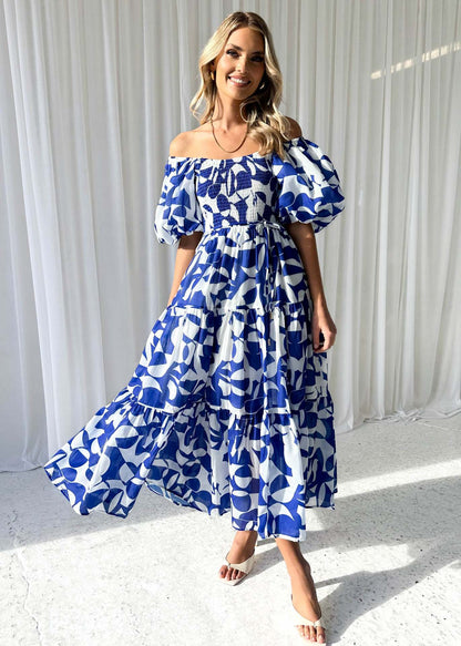 Elegant Floral Print off Shoulder Puff Sleeve