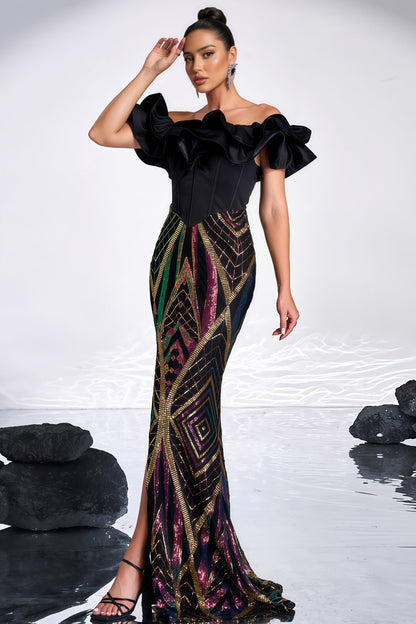 Rebekah Black Sequined Slit Maxi Dress