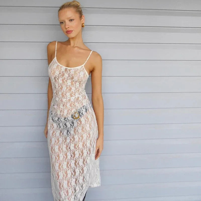 Sheer lace camisole midi dress for women