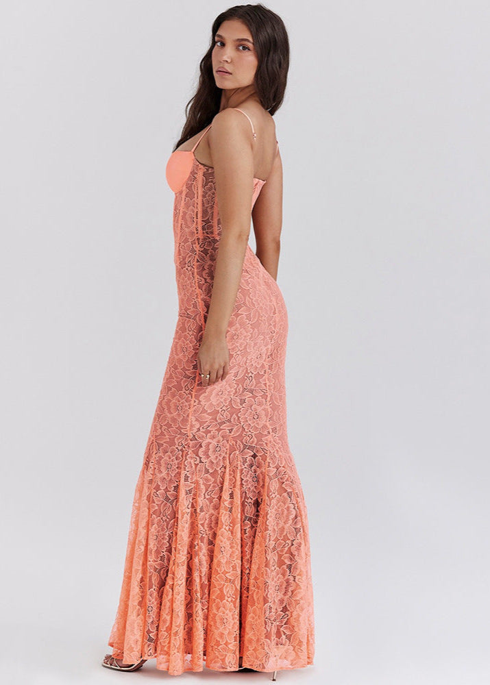 Floral Lace Bustier Corset Boning Mermaid Trumpet Floor-Length Gown