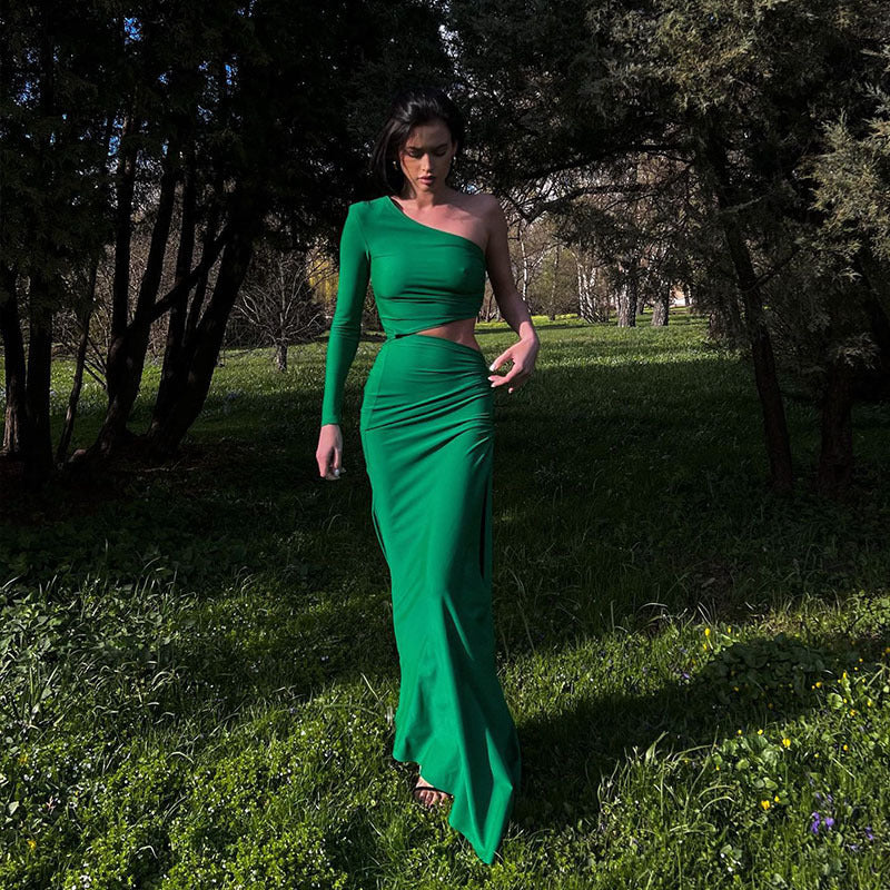 Oblique Shoulder Single Sleeve Pleated Cropped Outfit Split Mid Length Dress