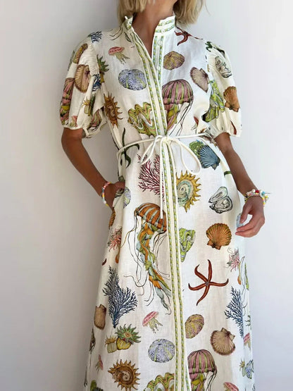 Sea print linen summer maxi dress for women