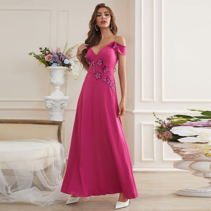 Fashionable Elegant Applique Off Neck Dress