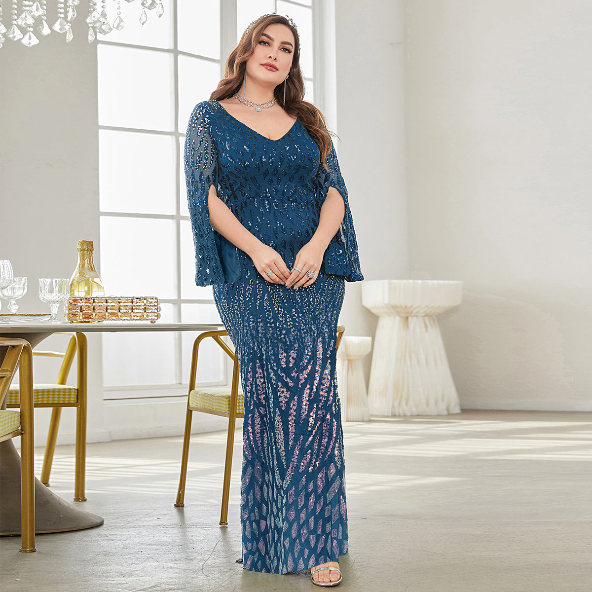 Plus Size Long Sleeve Deep V Plunge Slim Fishtail Evening Dress Cocktail Party Dress