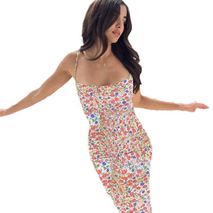 Ditsy Floral Print Spaghetti Strap Square Neck Cowl Drape Bodycon Maxi Dress
