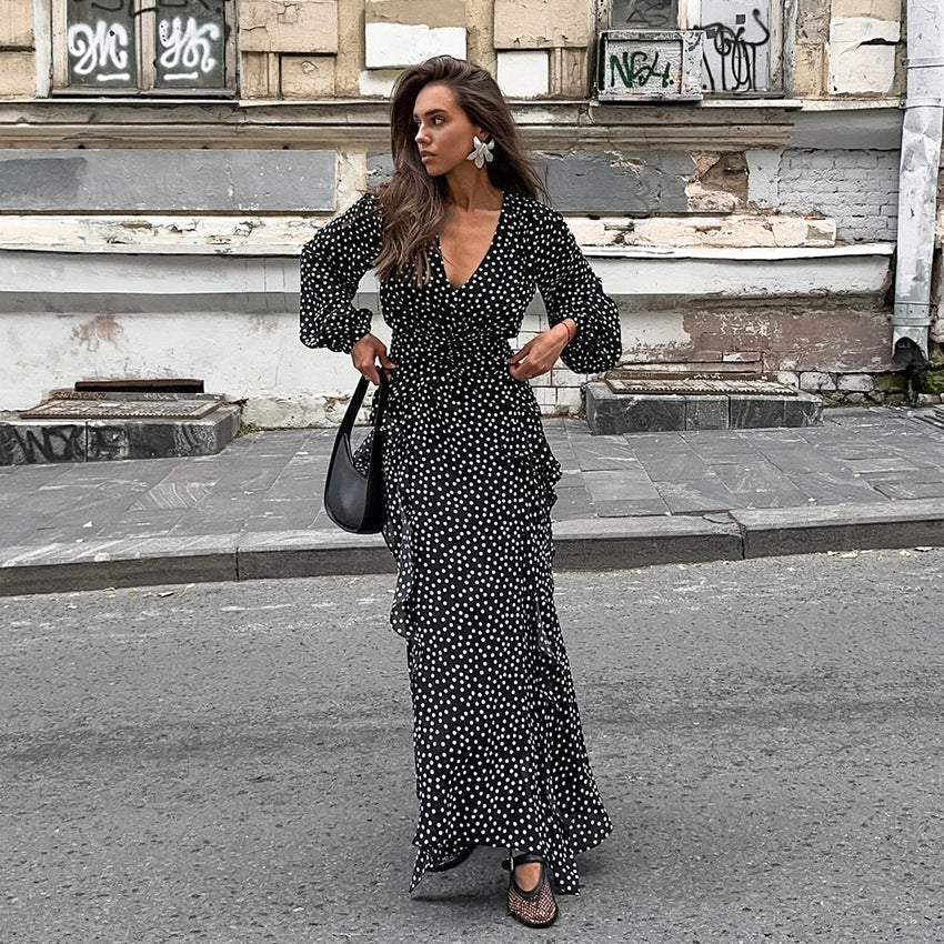 Retro V neck Puff Sleeve Polka Dot All Matching Long Sleeve Ruffled Elegant Slim Fit Slimming