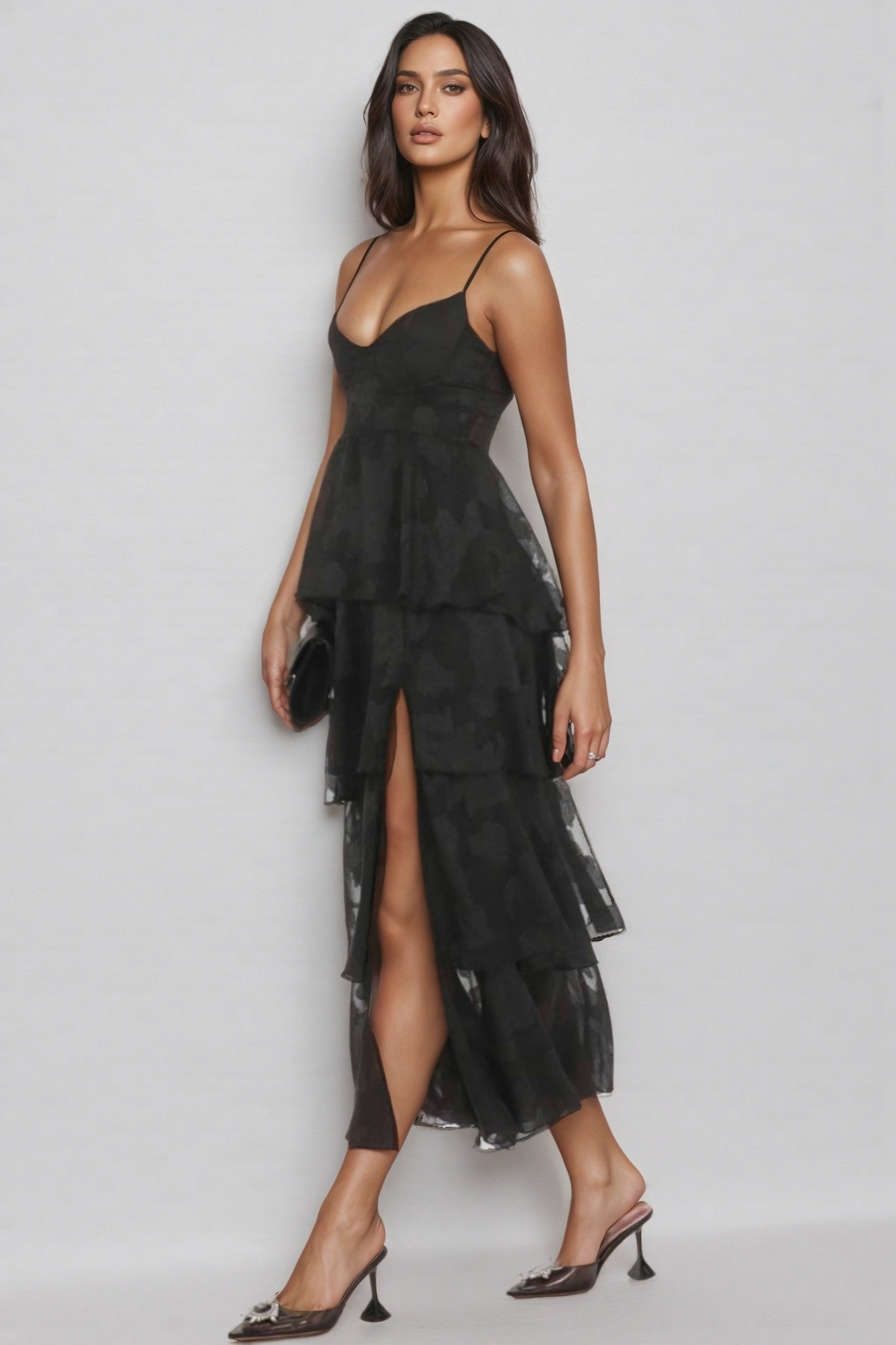 Thomle Black Floral Ruffle A-line Maxi Dress