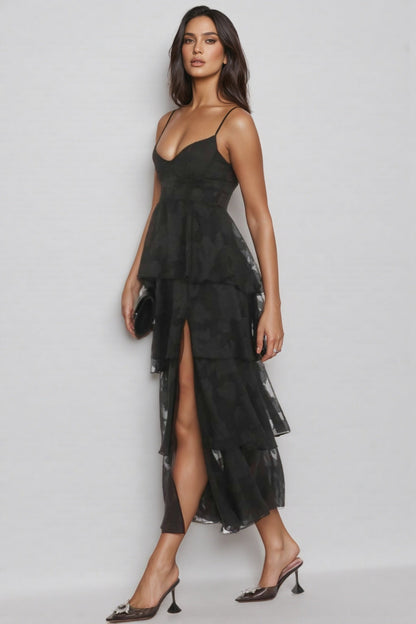 Thomle Black Floral Ruffle A-line Maxi Dress