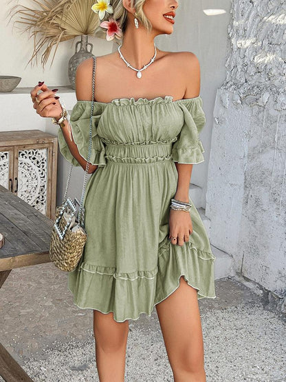 Green Ruffle Ruched Mini Dress Short Frilly