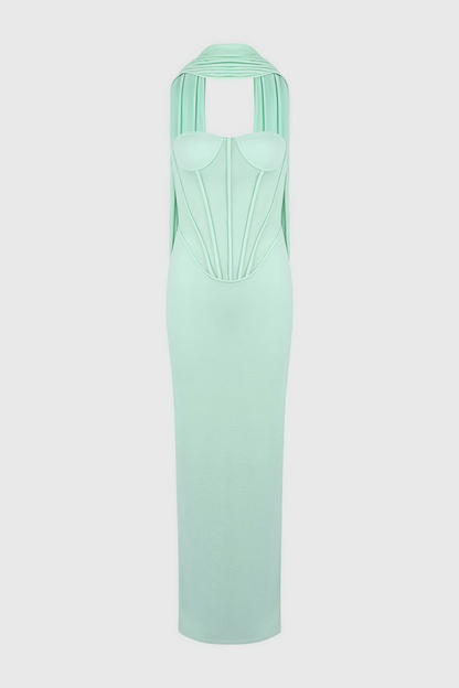 Gened Green Ribbon Sheer Chiffon Maxi Dress