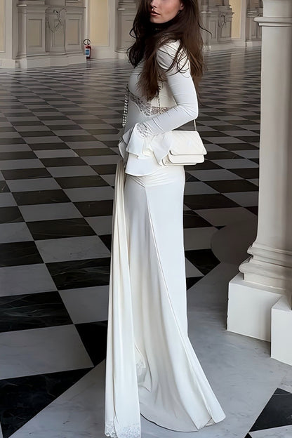 Fashion Lace Splicing Sexy V-neck Long-sleeved Slim Maxi Dress