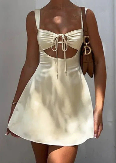 Satin Sweetheart Neck Tie Front Cut Out Ruched Bust Flared Mini Dress