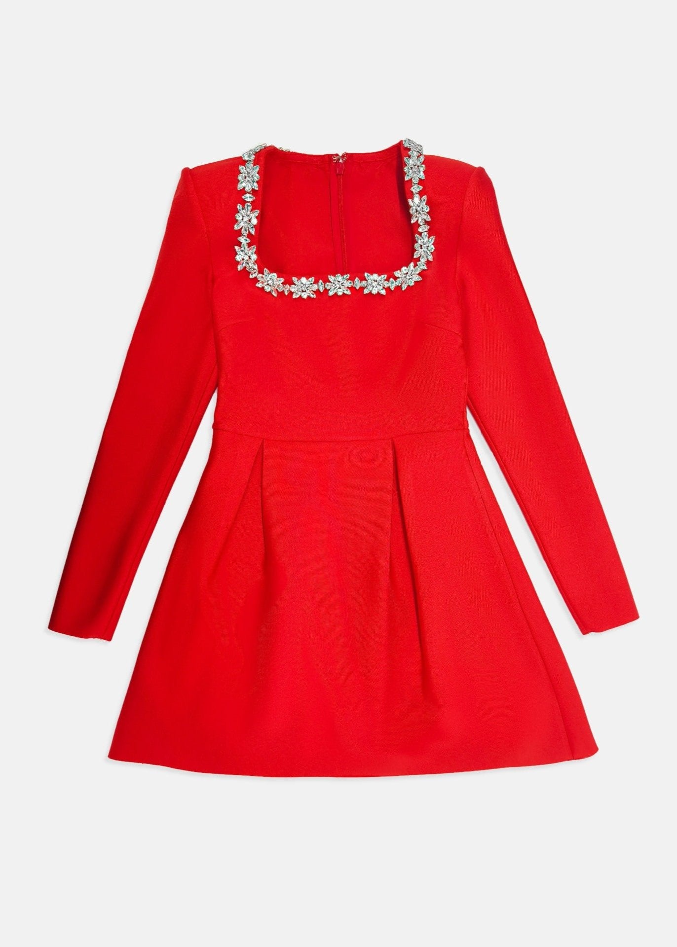 Crystal Floral Embellished Square Neck Velvet Long Sleeve Fit and Flare Mini Dress