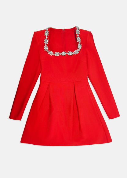 Crystal Floral Embellished Square Neck Velvet Long Sleeve Fit and Flare Mini Dress