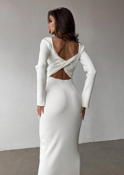 Rib Knit Twist Front Midriff Cutout Long Sleeve Bodycon Maxi Dress