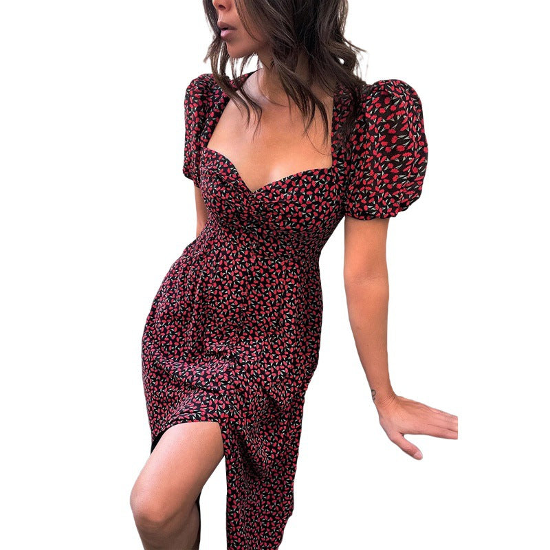 Ditsy Floral Print Puff Sleeve Sweetheart Neck High-Slit Midi Dress