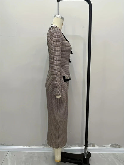 Plaid Midi Long Sleeve Dress with Bows and Square Neckline