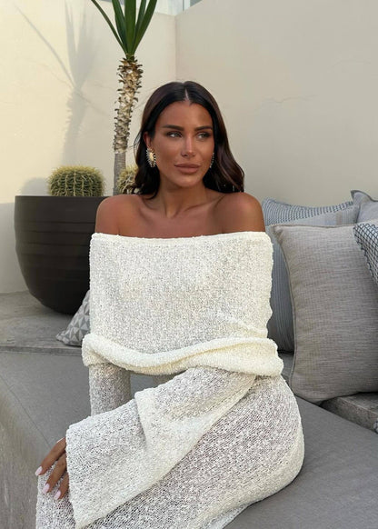 Off Shoulder Foldover Cuff Metallic Knit Bodycon Maxi Dress