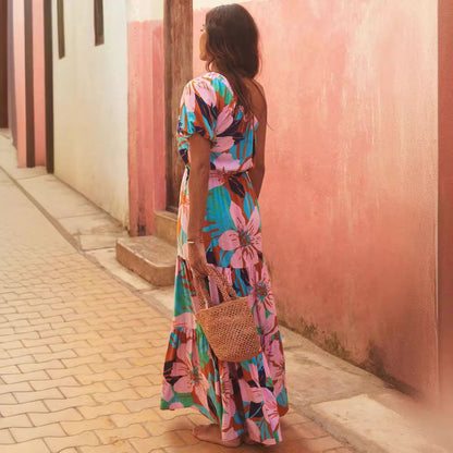 One Shoulder Tropical Print Ruffle Sleeve Tiered Maxi Dress
