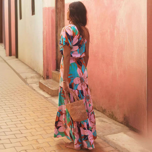 One Shoulder Tropical Print Ruffle Sleeve Tiered Maxi Dress