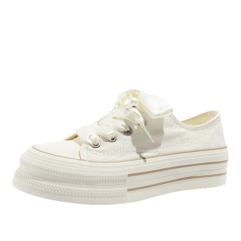 Women's Beige Platform Sneakers With Elegant Satin Lacing