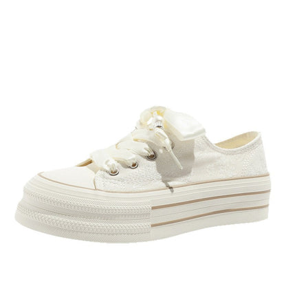 Women's Beige Platform Sneakers With Elegant Satin Lacing