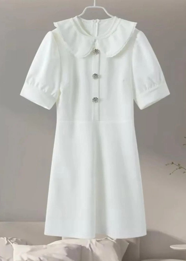 Peter Pan Collar Rhinestone Button Puff Sleeve A-Line Mini Dress