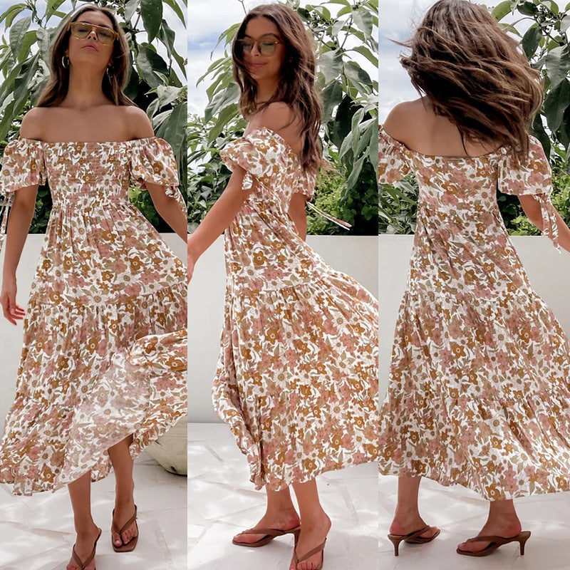 Elegant off-Shoulder Short Sleeve Lace-up Large Maxi Dress for
