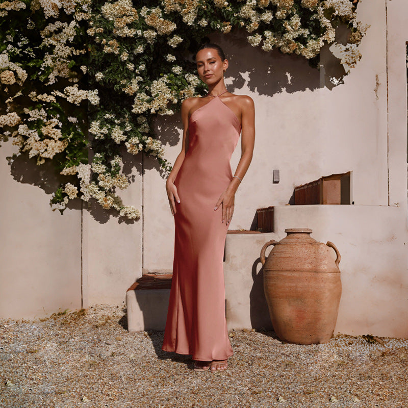 Satin Halter Neck Slip Backless Maxi Dress