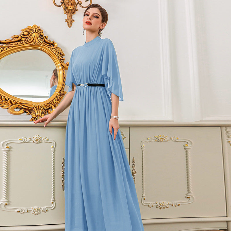 Middle East Muslim Wear High Neck Bell Sleeve Solid Color Dress