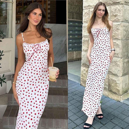 Ditsy Floral Print Spaghetti Strap Sweetheart Ruffle Trim Slip Maxi Dress