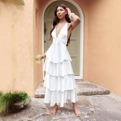 Halter Plunge V-Neck Tiered Ruffle Lace-Up Back Maxi Dress