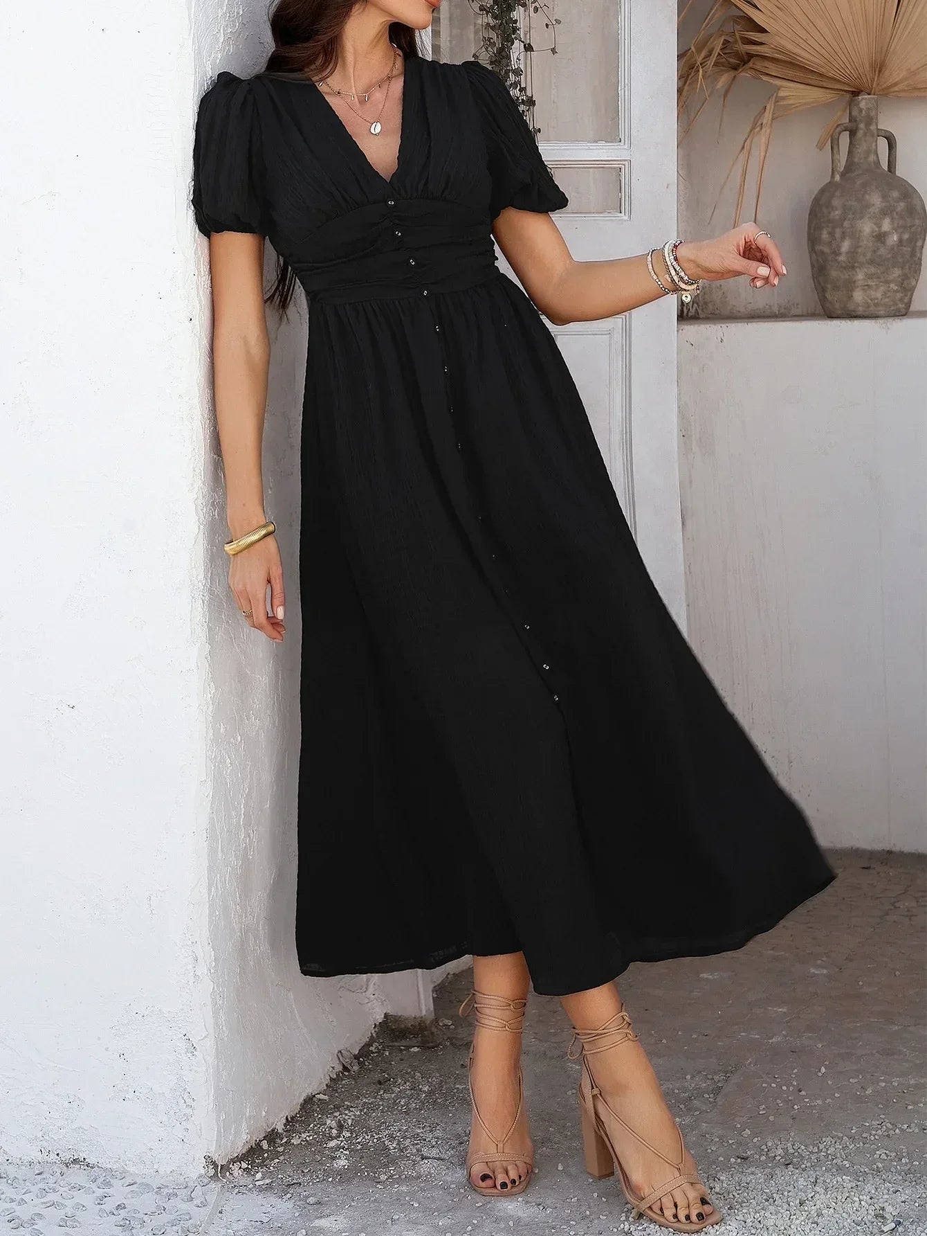 Black Puff Sleeve Maxi Summer Dress