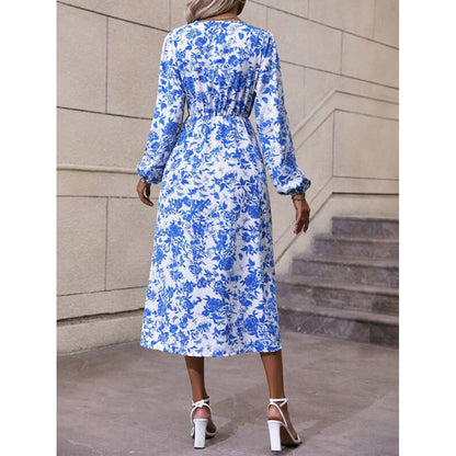 Toile Floral Print Surplice V-Neck Lantern Sleeve Tie Waist Side Slit Midi Dress