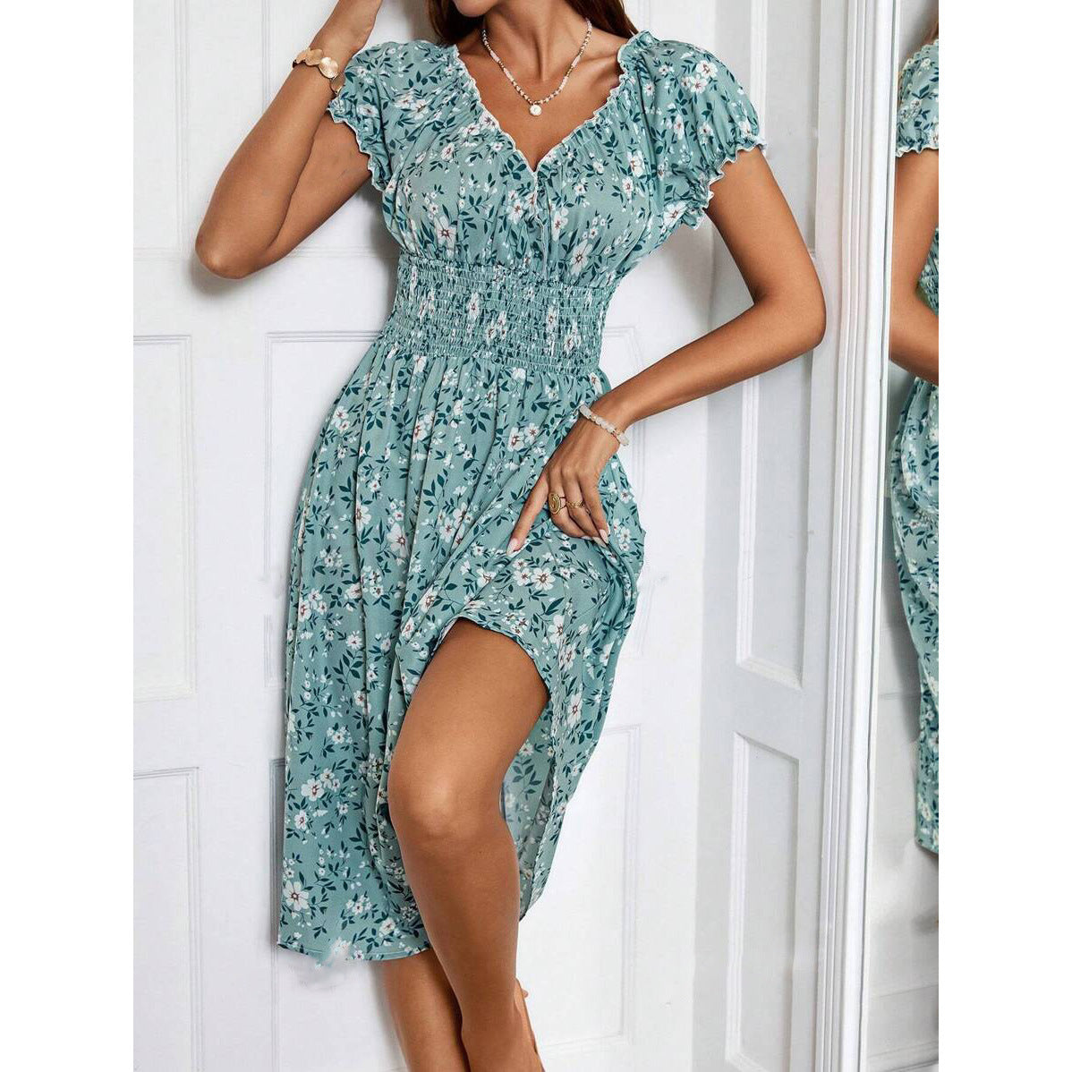 Ditsy Floral Lettuce-Edge V-Neck Puff Sleeve Smocked Waist A-Line Midi Dress