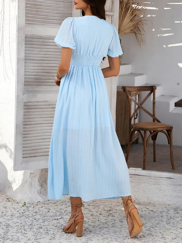 baby blue puff sleeve midi maxi dress