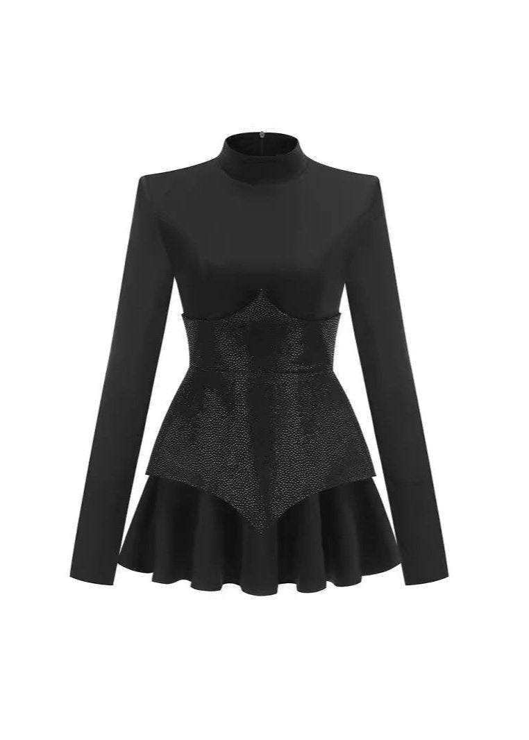 Mock Neck Long Sleeve Sequin Corset Waist Pointed Panel Pleated Skater Mini Dress