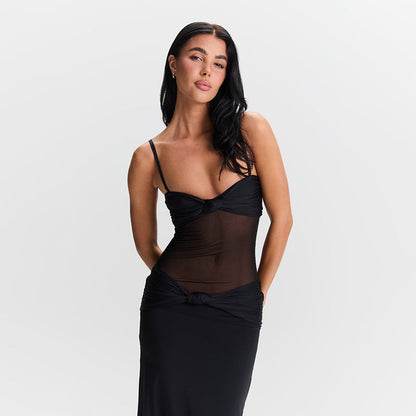 Detachable Shoulder Strap Twist Mesh Slim Fit Dress