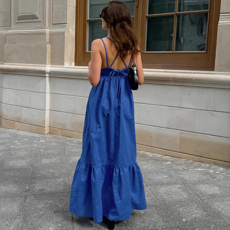 Spaghetti Strap Deep V-Neck Tiered Ruffle Hem Maxi Dress